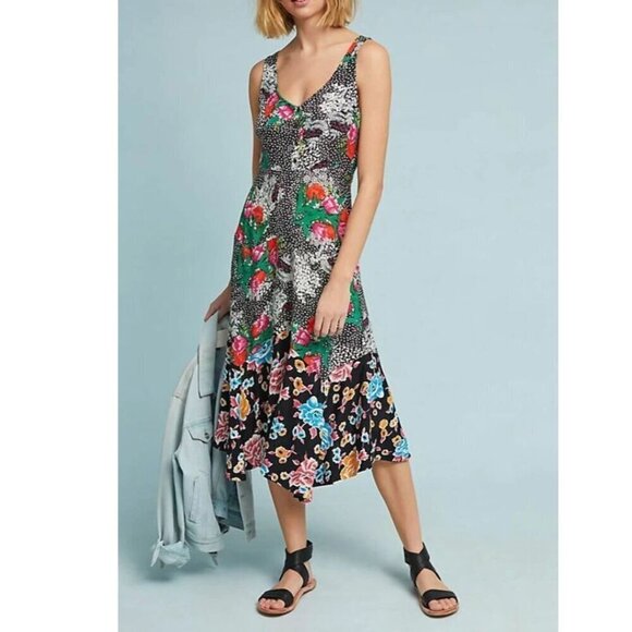 Anthropologie Midi Dress 2 Sleeveless Floral A-Line V-Neck Asymmetric Hem Spring - Picture 1 of 12